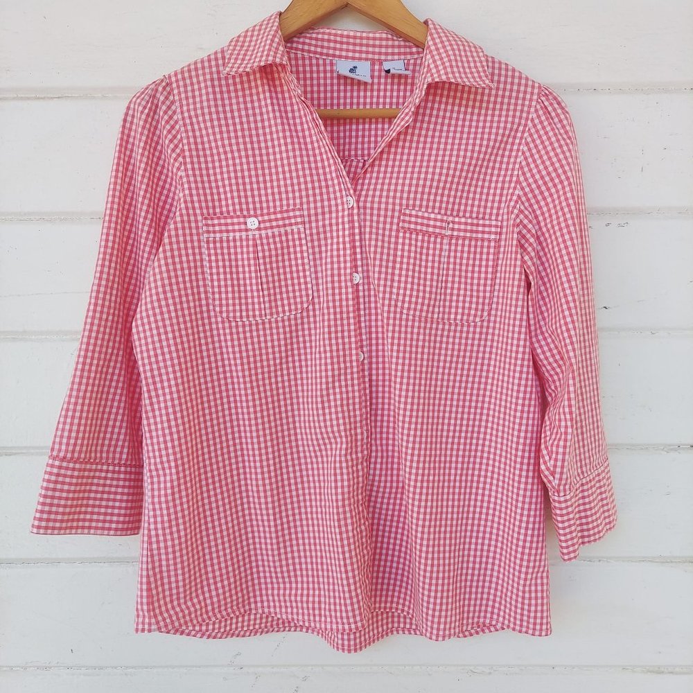 Caribbean Joe Pink and White Checkered 3/4 Length Sleeve Button Up Size Medium